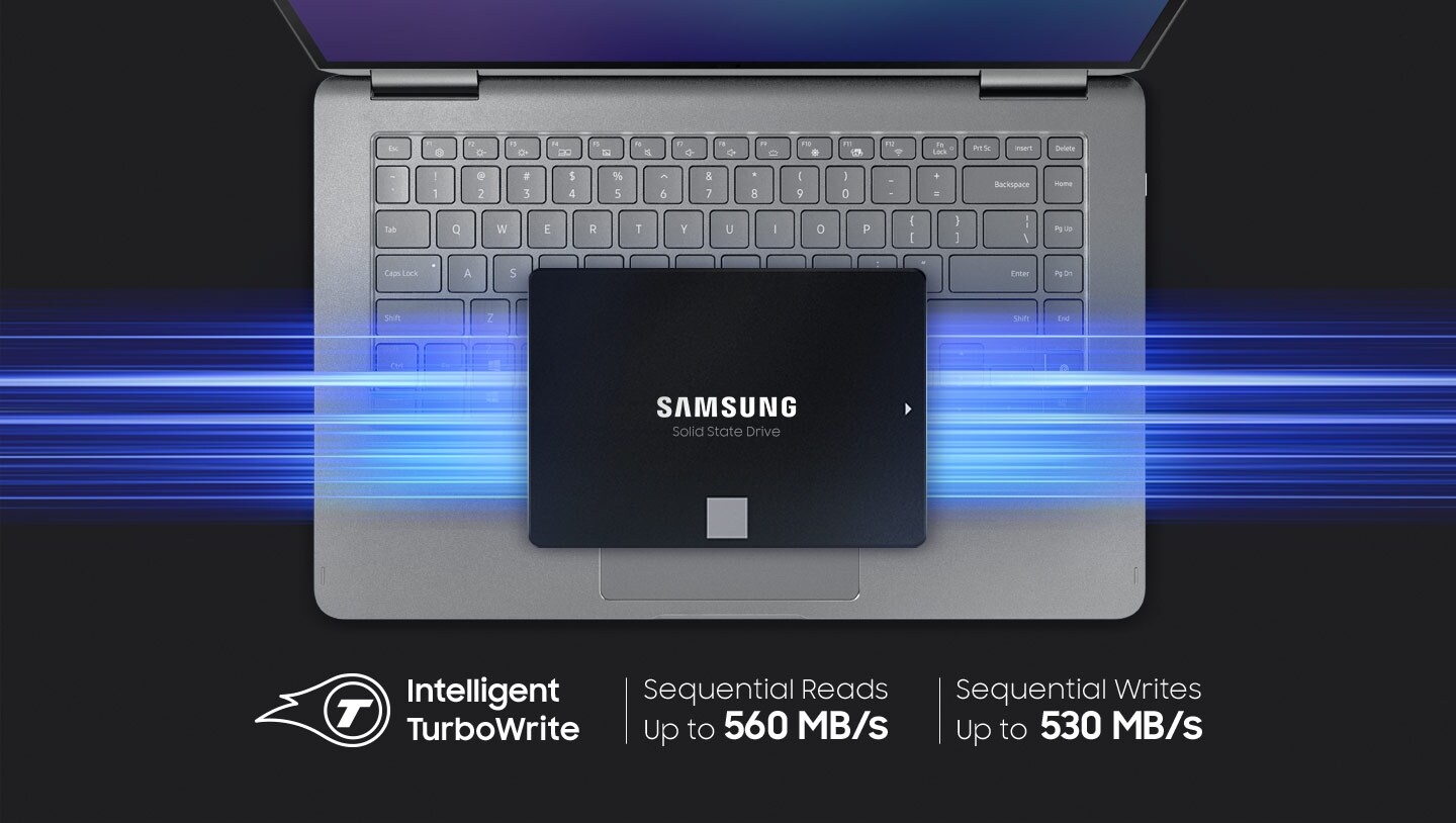  An illustrative image of SSD 870 EVO chip above laptop.  