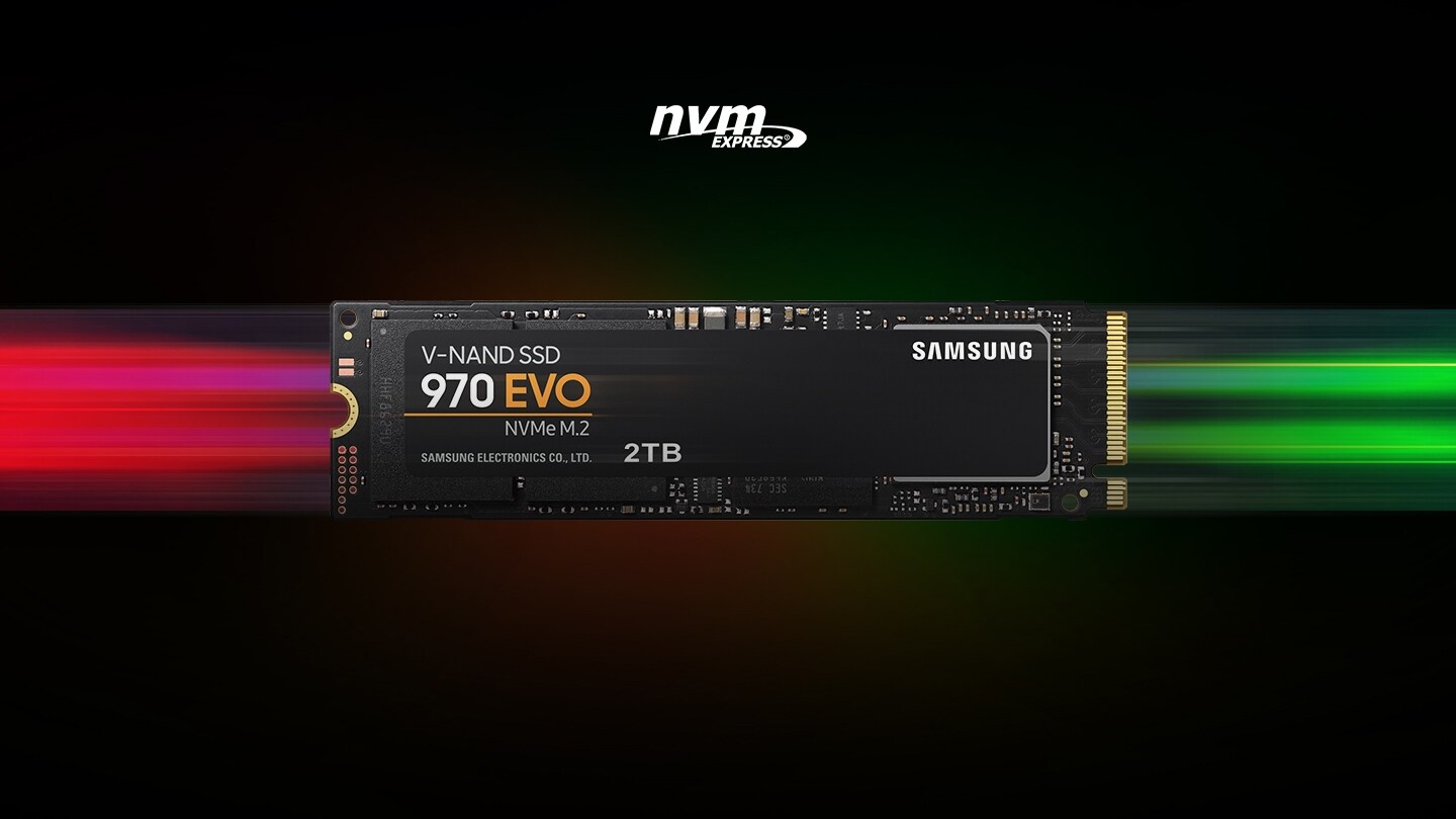 SAMSUNG V-NAND logo, nvm EXPRESS logo, and front view of 970 EVO over red and green light effect