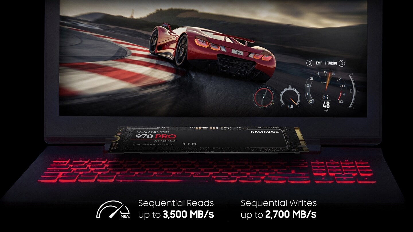 Screenshot of racing game displayed on the laptop and 970 PRO is placed on the top of the keyboard with the gage icon; Sequential Reads up to 3,500 MB/s, Sequential Writes up to 2,700 MB/s
