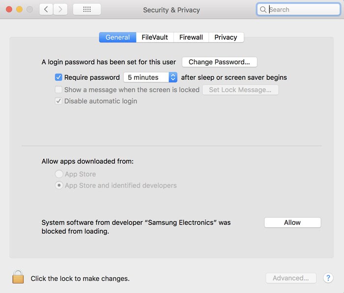 MacOSでサムスンポータブルSSDの接続が解除された場合は、セキュリティおよびプライバシーの設定を調整する画像。