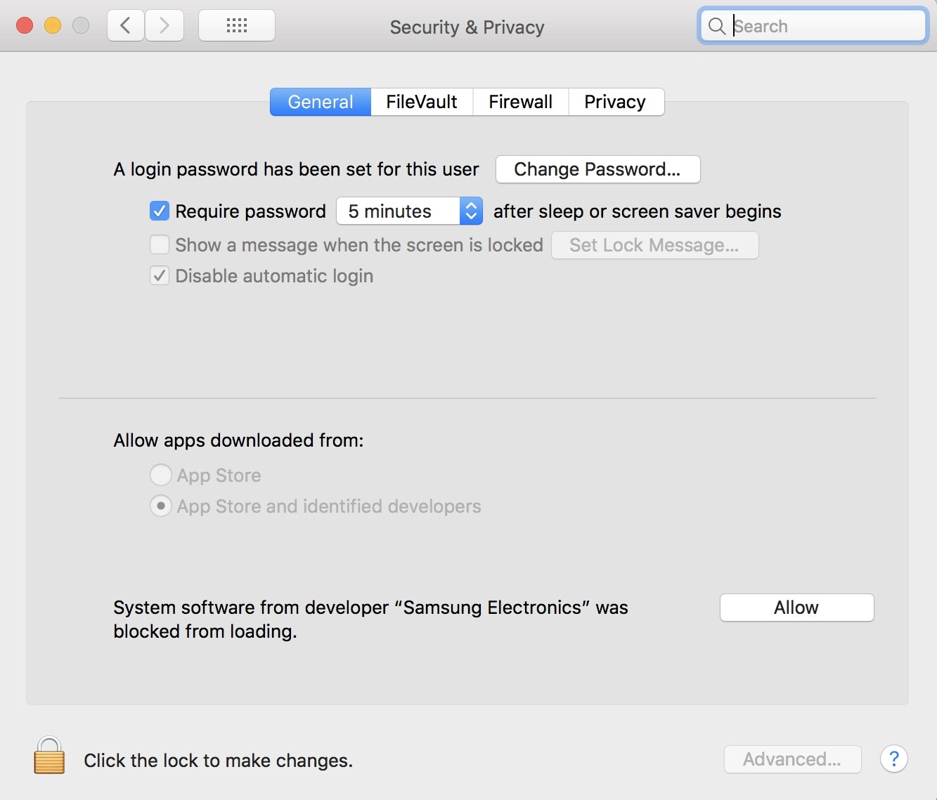 Mac OSでサムスンポータブルSSDの接続が解除された場合に、セキュリティとプライバシーの設定を調整する画像。