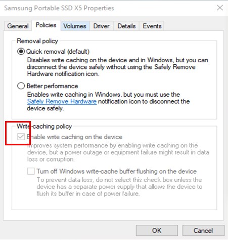Image adjusting the Write-caching policy, when Samsung Portable X5 does not perform well from the Windows 10 OS.