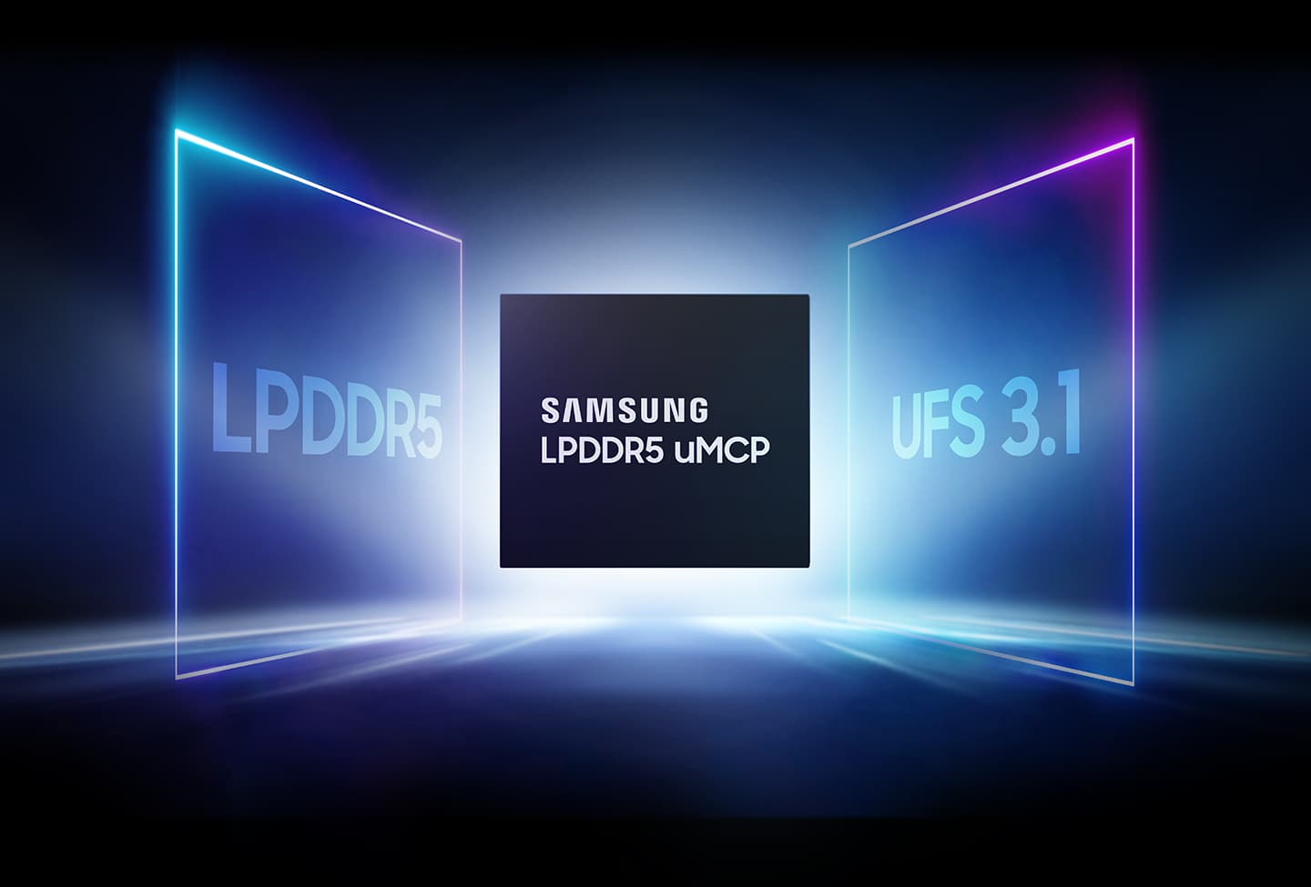 An image is SAMSUNG LPDDR5 uMCP product is in the center, and UFS 3.1 and LPDDR5 products are placed on both sides. And it is a visual graphic showing the performance of UFS 3.1 and LPDDR5 is combined.