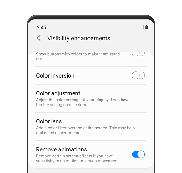 The 'Visibility enhancements' menu is displayed. The Remove animations is turned 'on'. The description text reads: Remove certain screen effects if you have sensitivity to animation or screen movement.