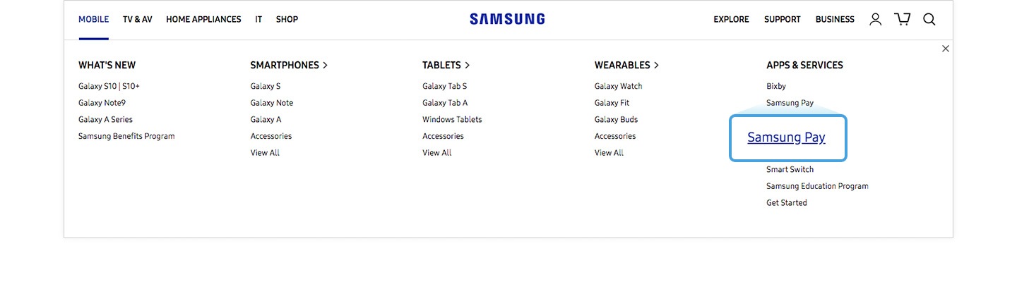 Enlarged image of the Samsung Pay menu of the Samsung.com GNB