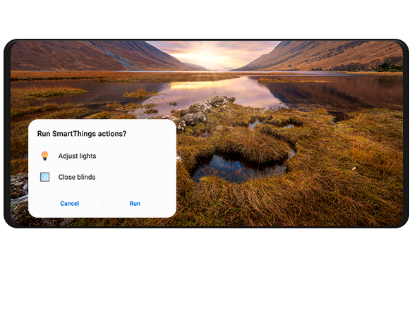 A notification pops up on-screen with the question, "Run SmartThings actions?" and two options below that read, "Adjust lights," and "Close blinds."