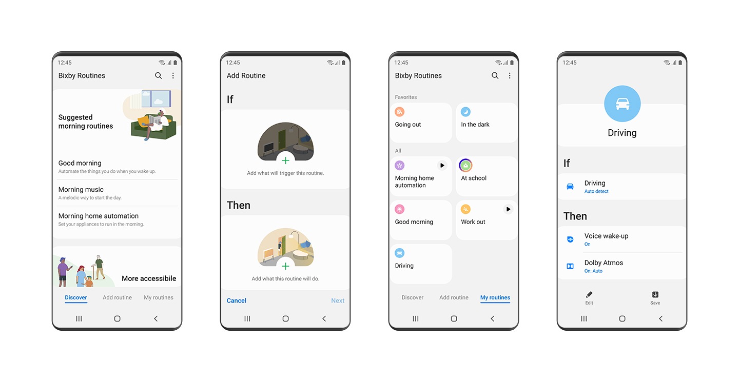 Four smartphones are shown. First smartphone displays the "Discover" tab of Bixby Routines. Second smartphone displays the "Add Routine" "If-Then" sequence screen. Third smartphone displays the "My routines" tab with seven routines saved. Two routines are shown in the "Favorites" category; the other five routines are showing in the "All" category. Fourth smartphone displays the "Driving" routine's "If-Then" sequence.