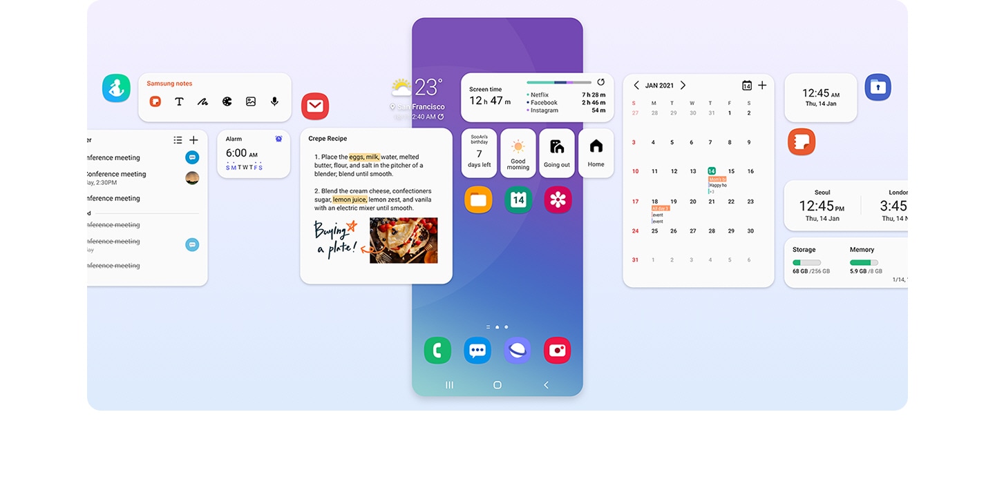 Various features of One UI Home are overlaid on a Galaxy home screen, including icons and widgets for calendar and mail apps.