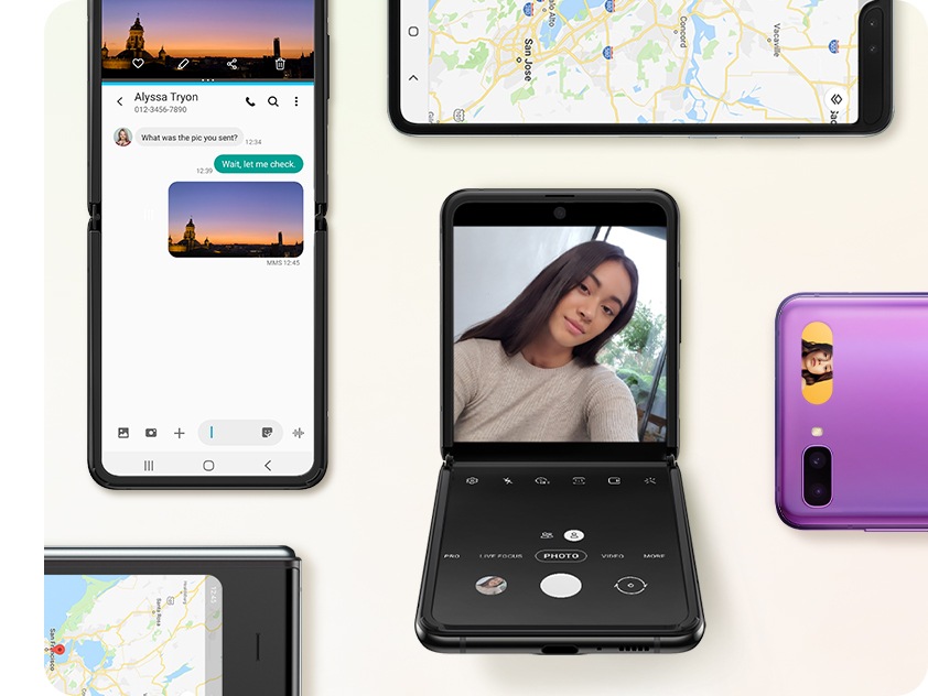 Multiple Galaxy Z Flip and Galaxy Fold phones, some open and some folded shut. One has the Messages app onscreen, another the Maps app, and another one has the Camera app onscreen in Flex mode.