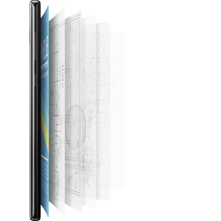 A simulated image of Galaxy Note9 seen from the right side with a variety of documents and images fanning out from the back