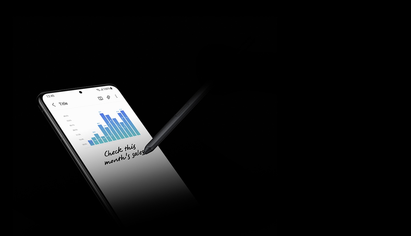 Galaxy S21 Ultra 5G with Samsung Notes app onscreen with a chart, and writing that says Check this month's sales written with S Pen.
