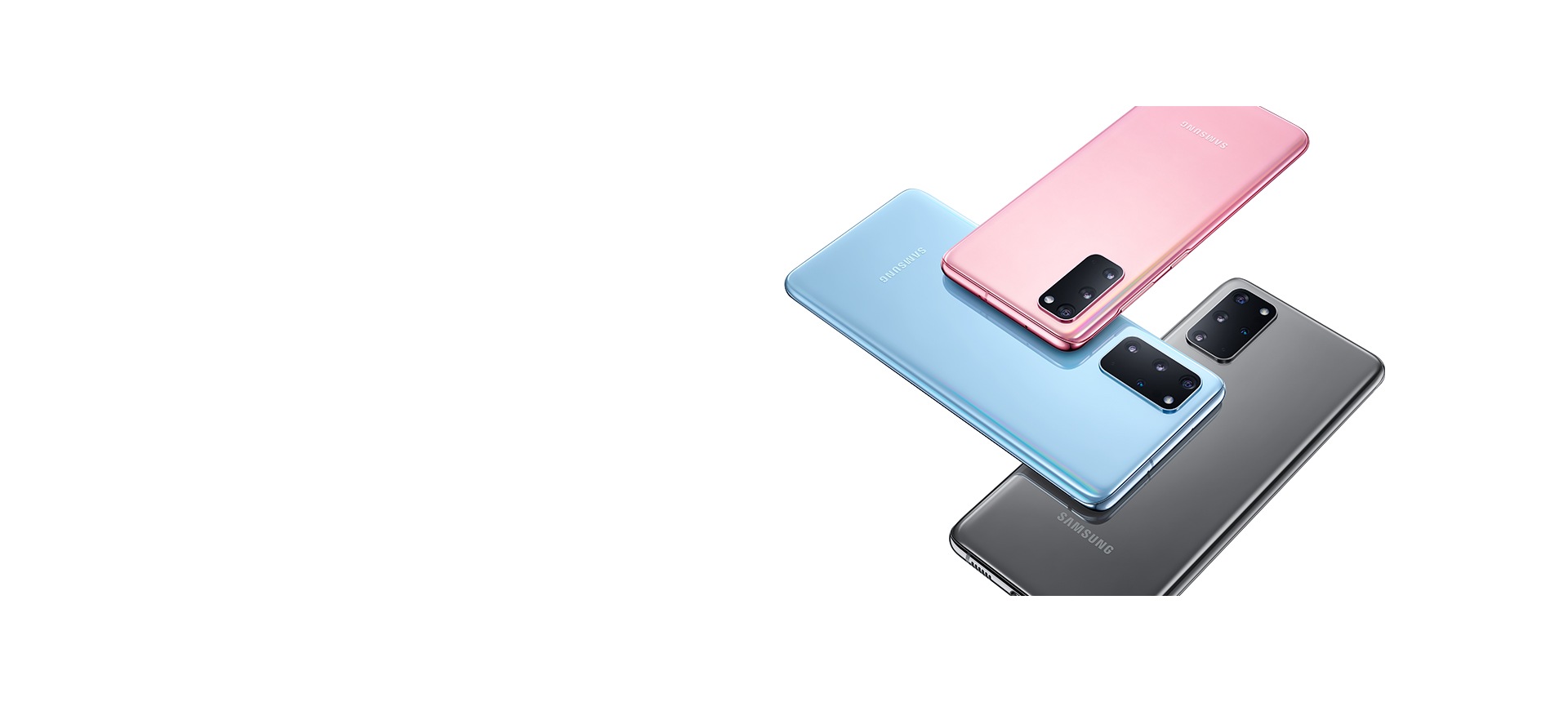 Three Galaxy S20 and S20 plus phones, one in Cloud Pink, one in Cloud Blue, and one in Cosmic Gray, all seen from the rear and overlapping in a woven-style design