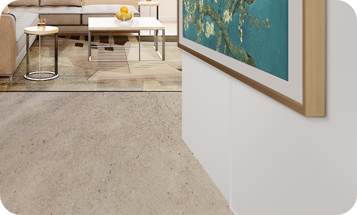 The Frame TV is seen mounted on a clean wall in Art Mode, with a simple light moving through One Invisible Connection to highlight the neat look.