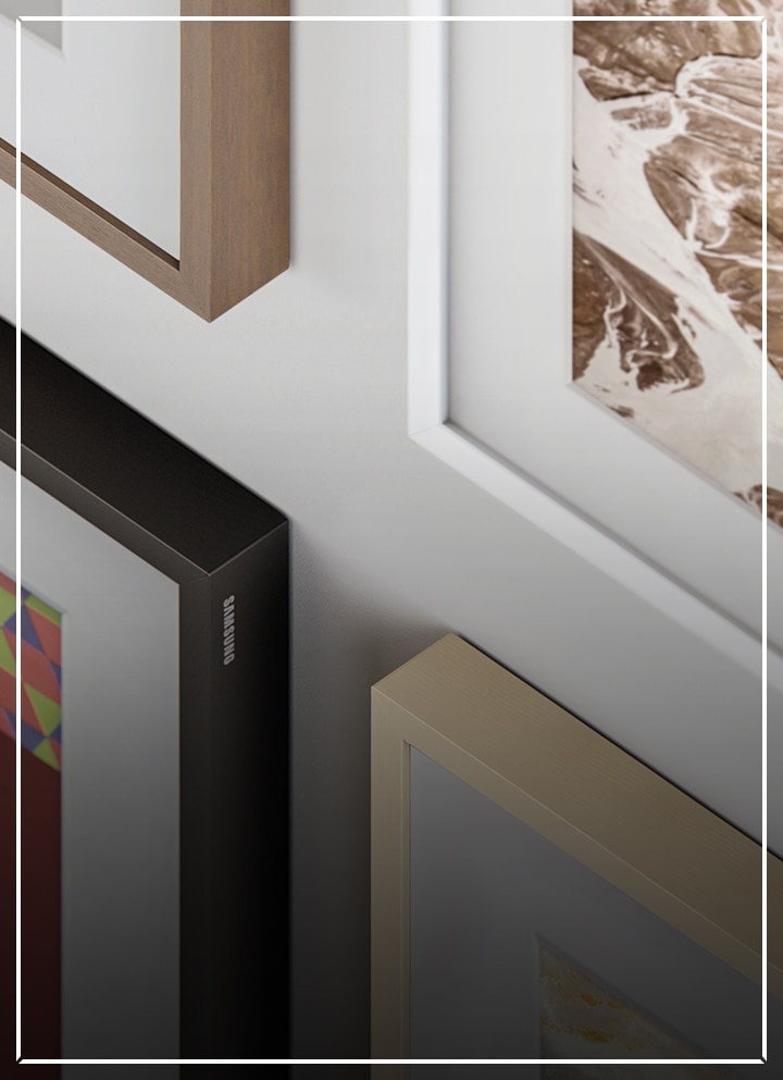Samsung The Frame TV has a variety of frame design options available, including black, brown, white, and beige wood colours.