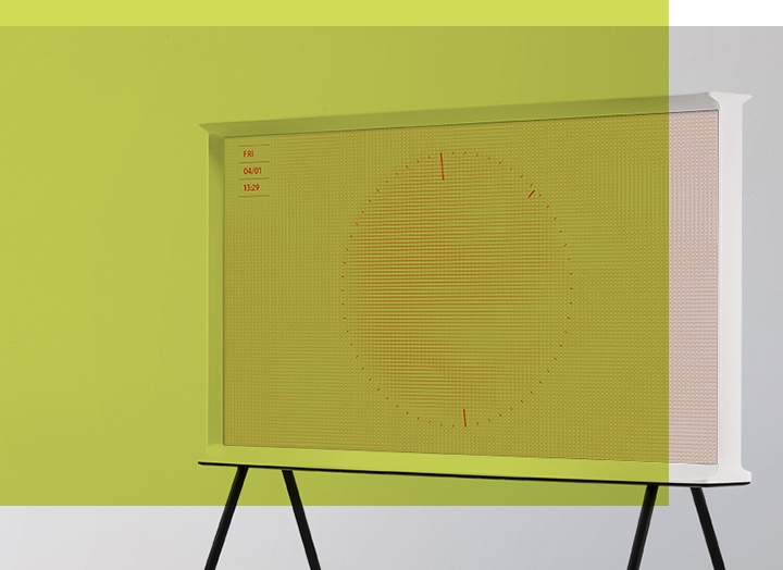 Meet another lifestyle TV, Samsung The Serif, as it sits on a TV Studio Stand with a chair waiting in front.