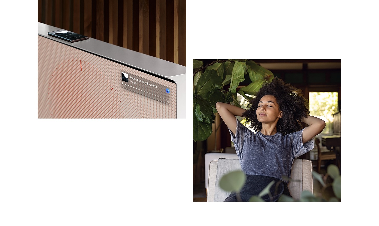 Mobile device resting on top of The Serif to use NFC. Music is streamed and the song title is appearing on the TV screen. And a woman relaxes in a chair with her hands clasped behind her back, enjoying the music.