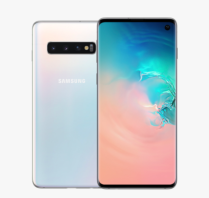 Back of a prism white Galaxy S10 phone, with the front of a black Galaxy S10 phone slightly overlaying on top.
