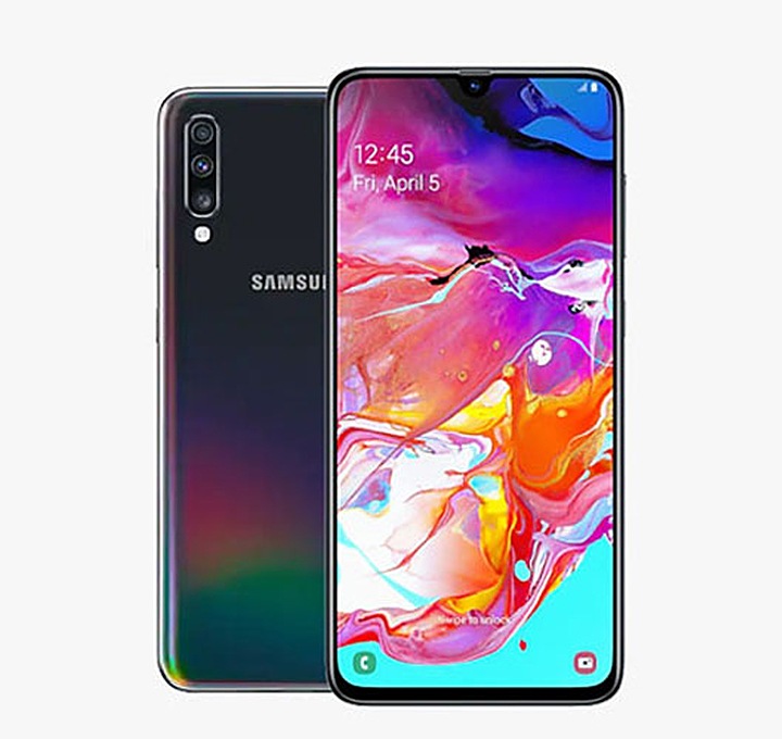Back of a black Galaxy A70 phone, with the front of a Galaxy A70 phone slightly overlaping on top.