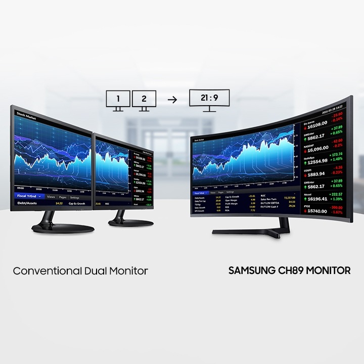 It shows a description of the wide-wide monitor that gives you the experience of using two monitors as one.On the left are two general monitors and a Conventional Dual Monitor text mark, on the right are Samsung CH89 Monitor Images and Text.
