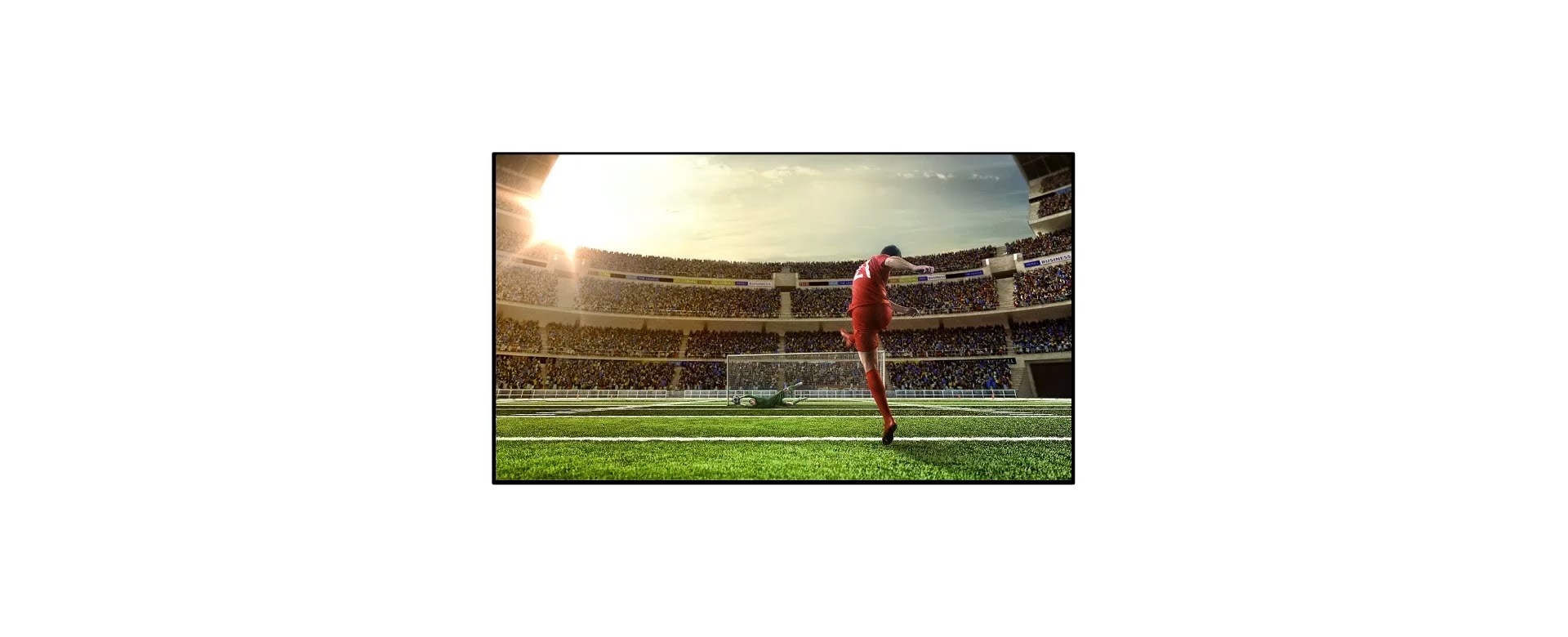 A motion that explains Samsung QLED’s big screen benefit. A scene is firstly shown in a small screen as a soccer player strikes a crucial goal during the game, barely see the crucial scene. TV screen expands to show a truly immersive viewing experience in a bigger screen.