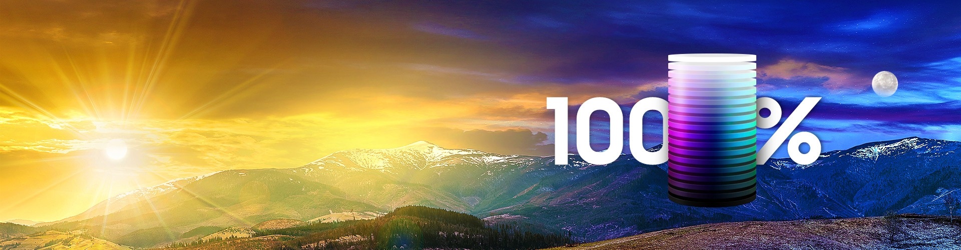 A background image shows day to night in one image from left to right and shows colour volume 100% graphics, representing Samsung QLED TV with colour volume 100% in day and night.