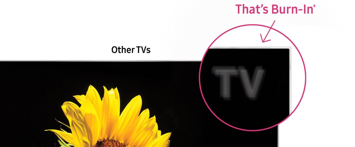 An image of screen burn-in: On the left is an OLED TV and on the right a QLED TV, both showing the same image of a spaceship. The HD logo on the left OLED TV looks blurred due to screen burn-in.