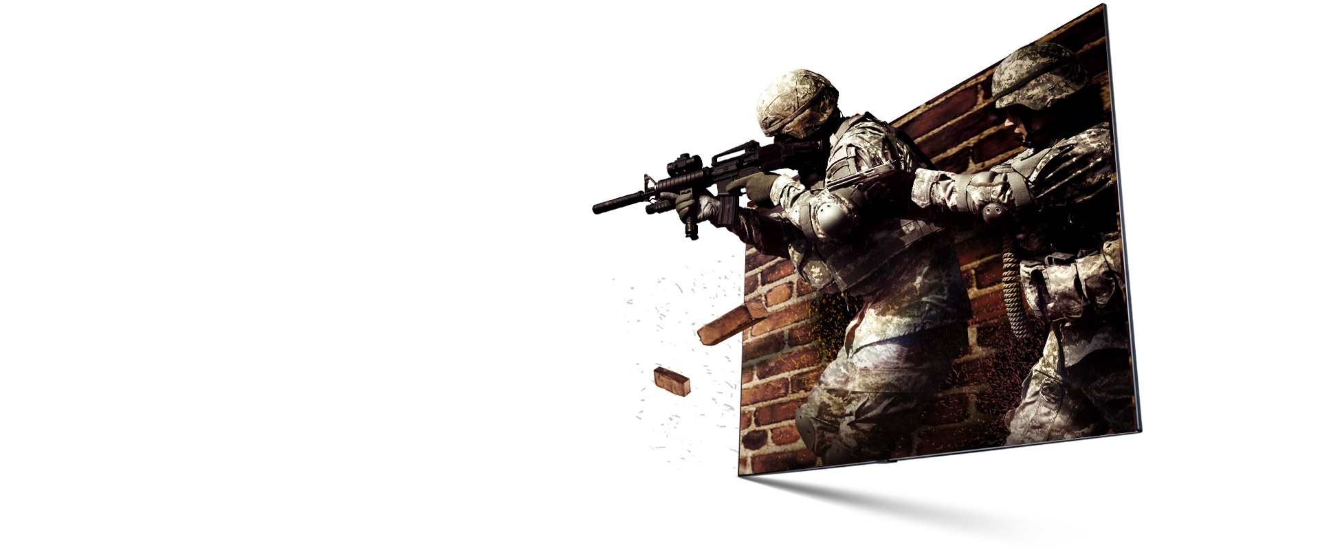 An image of Samsung QLED TV with elevated gaming experience. A scene from a FPS game. A solider is about to shooting gun to target. It looks real and dynamic.