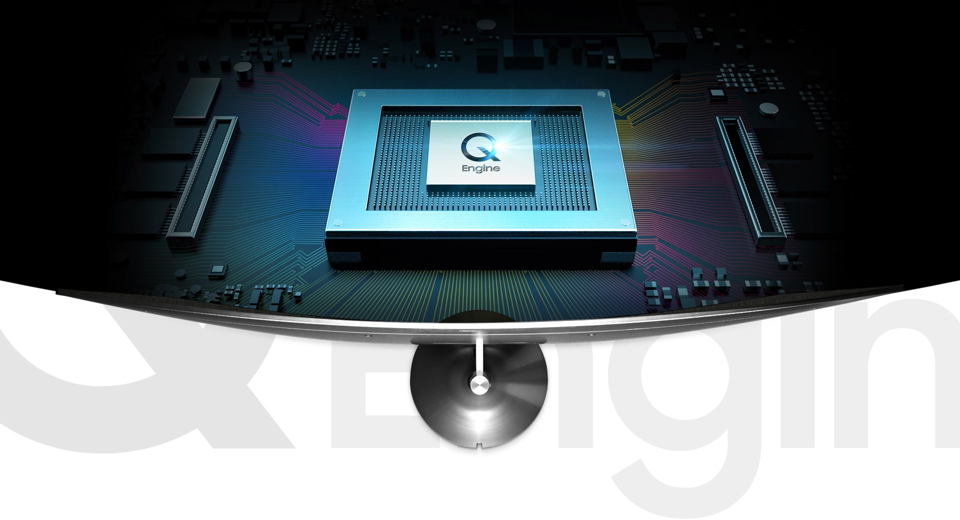 Image of the Q Engine, equipped in the Samsung QLED TV, lighting up as it starts to run.