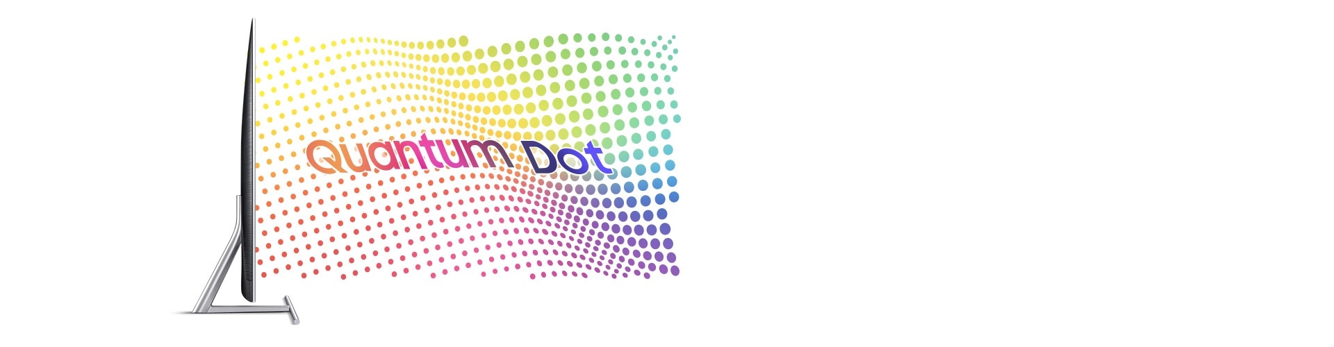 An image of the Samsung QLED TV seen from the side. And Quantum dots of various colour flows out from TV screen. And the text “Quantum Dot” is overlaid on the dots.