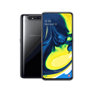 Rear-facing Galaxy A80 behind Galaxy A80 in portrait mode, with a navy and neon yellow swirl onscreen.
