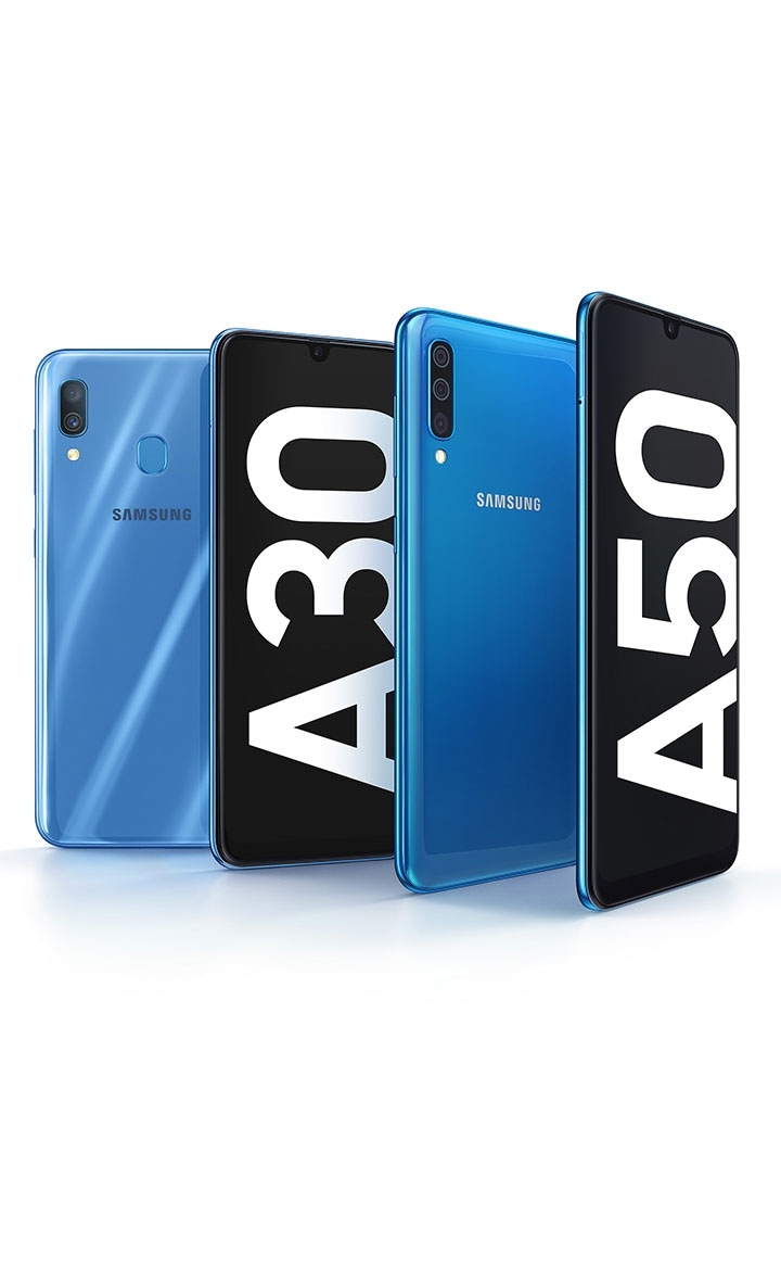 Galaxy A lineup fanning out to reveal a skateboarder moving beyond the screen.