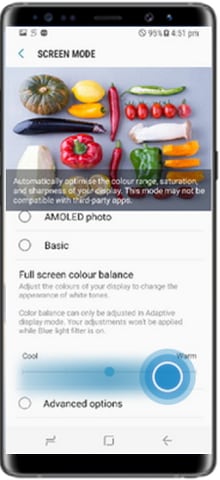 How to adjust full screen color balance of display in Samsung Mobile Device?
