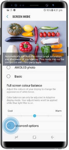 How to adjust full screen color balance of display in Samsung Mobile Device?