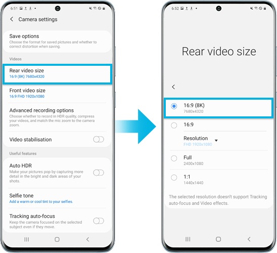 image of Galaxy S20 device activating 8K video mode