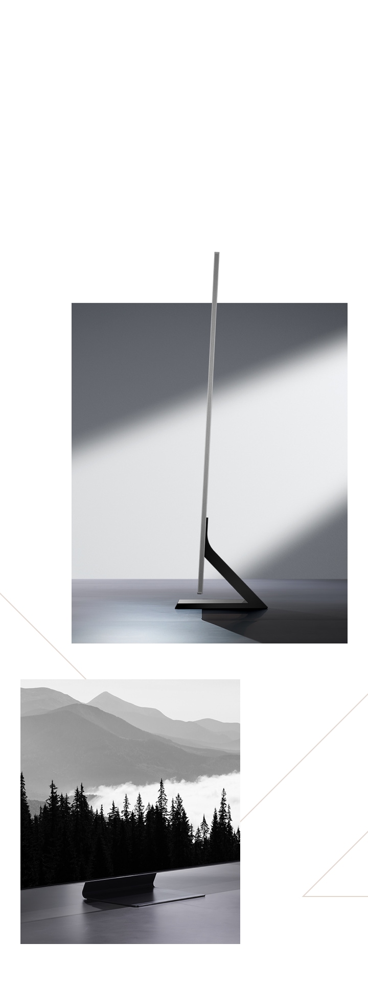 Two images show Samsung QLED's design. QLED's ultra slim standing design and the side of QLED which has an almost invisible bezel.