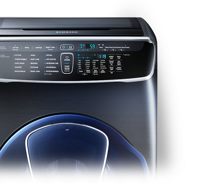 Samsung FlexWash Combo Washing Machine – The Digital Inverter ten year guarantee emblem appears in front of an image of the FlexWash washing machine.