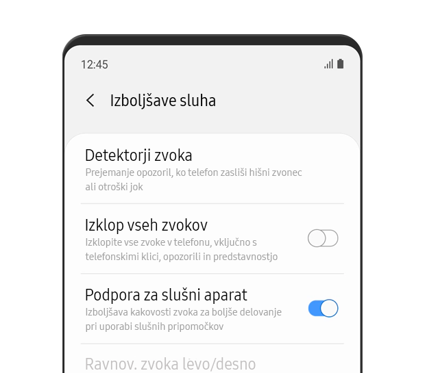 Prikazan je meni »Izboljšave sluha«. Funkcija za izklop vseh zvokov je vklopljena. Opis se glasi: Izklopite vse zvoke v telefonu, vključno s telefonskimi klici, opozorili in predstavnostjo.