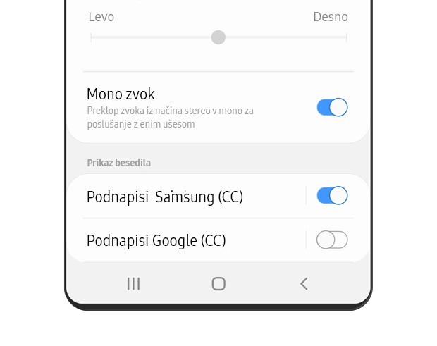 Mono zvok je vklopljen. Opis se glasi: Preklop zvoka iz načina stereo v mono za poslušanje z enim ušesom.
