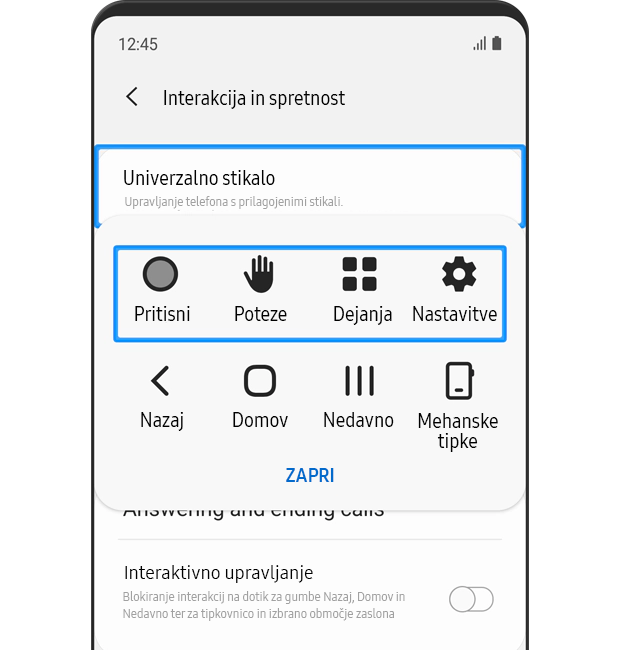 Prikazan je meni »Interakcija in spretnost«. Funkcija za univerzalno stikalo je vklopljena. Prikazane so prilagojene ikone z besedilom: Upravljanje telefona s prilagojenimi stikali.