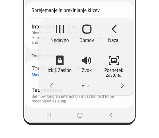 Pomožni meni je vklopljen. Prikazane so preproste ikone pomožnega menija.