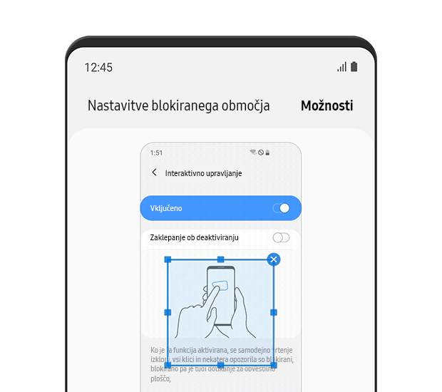 Prikazan je meni »Nastavitev blokiranega območja«. Interaktivno upravljanje je vklopljeno.