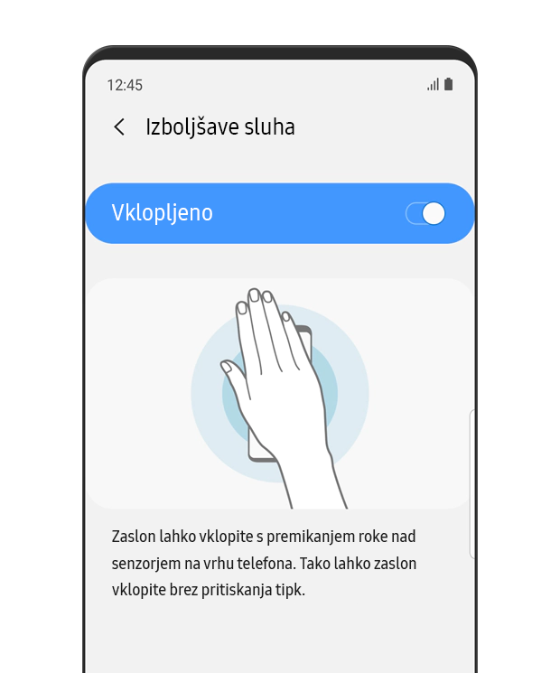 Prikazan je meni »Preprost vklop zaslona«. Funkcija za preprost vklop zaslona je vklopljena. V meniju je prikazana simulirana slika telefona, prekritega z desno dlanjo.