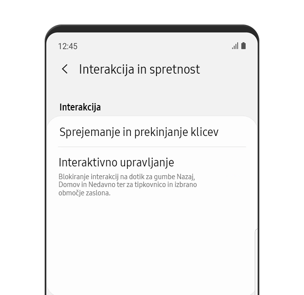 Prikazan je meni »Interakcija in spretnost«. Drsanje z enim pritiskom je vklopljeno.