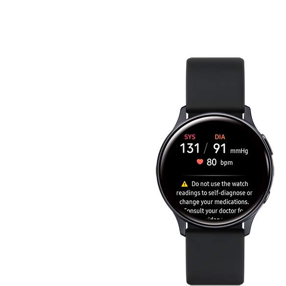 Na zaslonu Galaxy Watch pametne ure so prikazani rezultati meritve krvnega tlaka in srčnega utripa ter opozorilo, ki uporabnico opominja, naj na podlagi meritev ne postavlja lastne diagnoze.