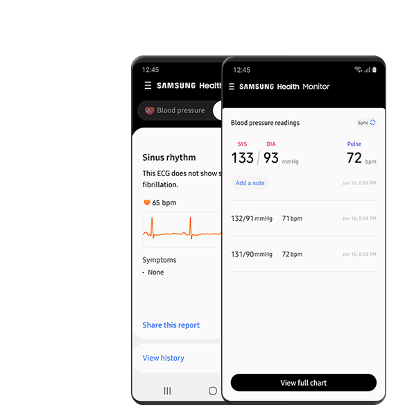 Prekrivajoča se zaslona Galaxy mobilnih telefonov prikazujeta rezultate meritve v aplikaciji Samsung Health Monitor, ki vključujejo podatke o sinusnem ritmu, krvnem tlaku, srčnem utripu in še več.