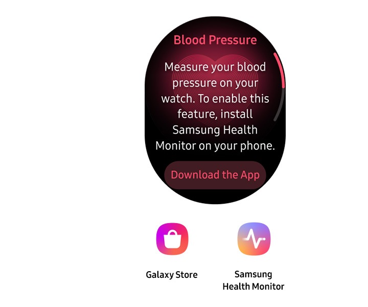 Prvi korak spremljanja krvnega tlaka je ‚Nastavitev‘. Galaxy Watch pametna ura med nastavitvijo aplikacije Samsung Health Monitor. Besedilo uporabnika spodbudi k namestitvi aplikacije za uporabo funkcije spremljanja krvnega tlaka. Pod številčnico sta prikazani ikoni dveh aplikacij: Galaxy Store na levi in Samsung Health Monitor na desni.