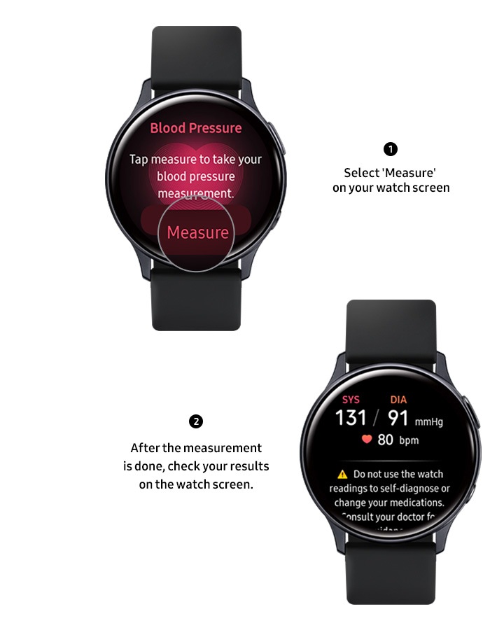 Tretji korak spremljanja krvnega tlaka je ‚Merjenje krvnega tlaka z Galaxy napravo‘. Zgoraj levo na Galaxy Watch pametni uri vidimo napis „Pritisnite gumb za merjenje na uri“. Spodaj desno Galaxy Watch pametna ura prikazuje zaključene meritve krvnega tlaka, pri čemer na dnu vidimo napis „Po zaključeni meritvi se podatki o sistoličnem in diastoličnem krvnem tlaku ter srčnem utripu prikažejo na zaslonu pametne ure.“