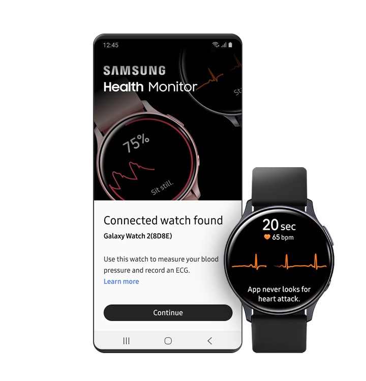 Drugi korak uporabe elektrokardiograma (EKG-ja) je ‚Previdnostni ukrepi pred uporabo‘. Na levi strani vidimo Galaxy napravo, povezano z Galaxy Watch pametno uro na desni. Na zaslonu Galaxy naprave vidimo, da se je povezala z uro, zaslon Galaxy Watch pametne ure pa prikazuje merjenje srčnega utripa v teku. Na dnu zaslona Galaxy Watch pametne ure vidimo napis „Aplikacija ne zaznava srčnega zastoja.“