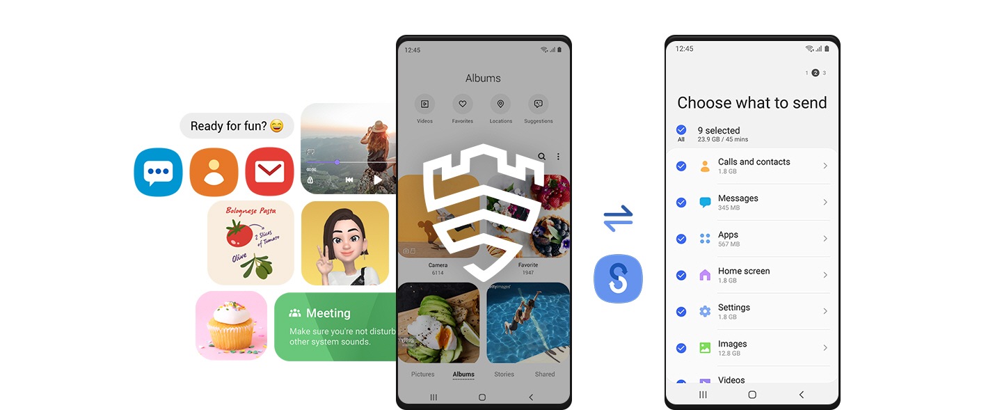 Galaxy napravi, postavljeni druga ob drugi, pri čemer na sredini leve naprave vidimo veliko Knox ikono. Ikona prenosa med napravama prikazuje preprost prenos podatkov s stare Galaxy naprave na novo Galaxy napravo s funkcijo Smart Switch.