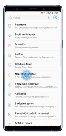 Pritisnite napredne funkcije iz Nastavitev
